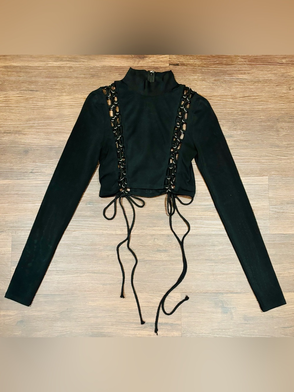 Rehab Black Sheer Lace-Up Cropped Mock Neck Top with Long Sleeves, Goth, Punk